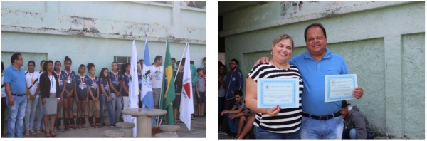 Foto1: Prefeito Marco Aurélio a esquerda ao lada da Diretora da Escola Estadual Padre José Venâncio, Francine da Costa Cândido    Foto2: A Primeira Dama Karyna e o Prefeito Marco Aurélio recebendo a Menção de Honra ao Mérito 