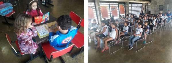 Foto1: As Crianças durante oficina de leitura / Foto2: Alunos das Escolas Municipais visitaram a exposição 
