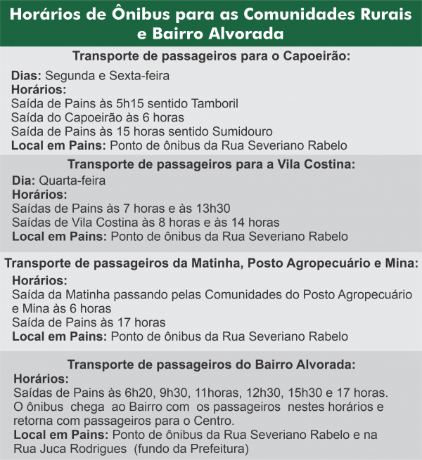 Horários de Ônibus para as Comunidades Rurais e Bairro Alvorada