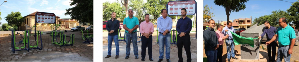 Foto 1 :Academia ao Ar Livre instalada na Praça Juca Maneca   Foto 2: Da esquerda para direita: O Secretário de esportes Bruno Silveira, o Presidente da Câmara Paulo Sérgio, o Vice-Prefeito Geraldo de Oliveira , o Prefeito Marco Aurélio e o Secretário de Estado de Esportes Arnaldo Gontijo  Foto 3: Autoridades durante o descerramento da placa